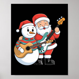 Affiche Rock Guitare Snowman Et Père Noël Jouant De La Gui