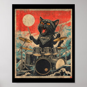 Affiche Rock On Drummer Vintage Chat Style De Bande Cool C