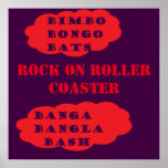Affiche Rock sur Roller dessous de verre pop art rouge vio<br><div class="desc">Logo de message de rock et de roller BIMBO BONGO BATS. ROCK ON ROLLER DESSOUS DE VERRE BANGA BANGLA BASH affiche rouge violet</div>