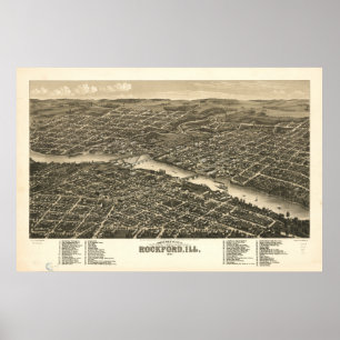 Affiche Rockford Illinois 1880 Carte panoramique antique