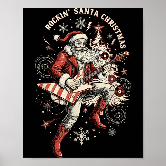 Affiche Rockin Santa Playing Guitar Funny Christmas Retro  (Devant)