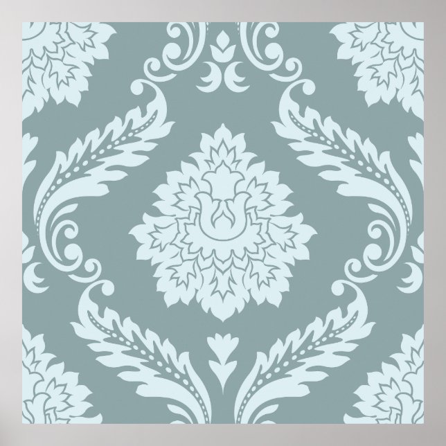 Affiche Rococo Damassé Grand Motif Bleu Œuf de Canard + Sa (Devant)