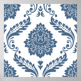 Affiche Rococo Damassé Grand Motif Bleu sur Blanc