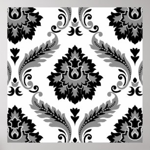 Affiche Rococo Damassé Grand Motif Gris Noir Blanc