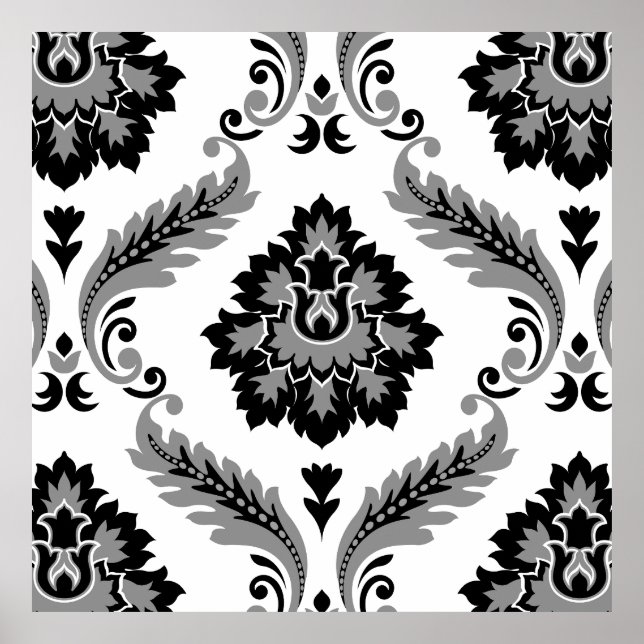 Affiche Rococo Damassé Grand Motif Gris Noir Blanc (Devant)