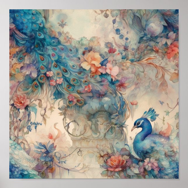 Affiche Rococo Orné Période Florale Et Peacock (Devant)