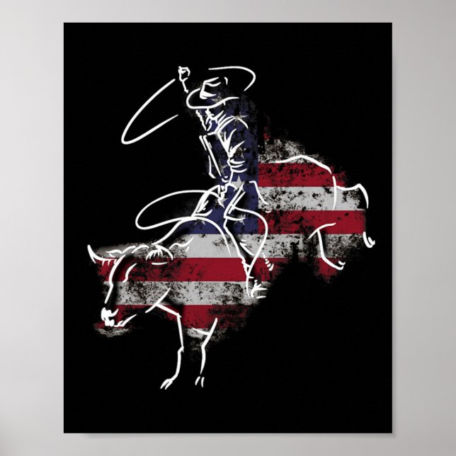 Affiche Rodéo Américain Cavalier de Taureau Rétro Grunge U (Devant)