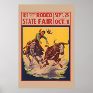 Affiche Rodeo de la Foire d'État - Lutteur de Steer Cowboy