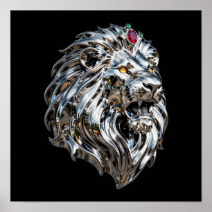 Affiche Roi Lion Chrome Métallisé Cyberpunk avec Couronne