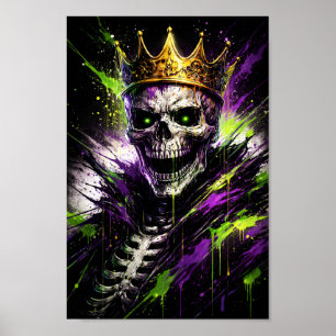 Affiche Roi squelette néon Art - Couronne sombre gothique