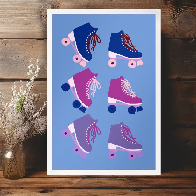 Affiche Rollerskates rétro rose violet (Retro Rollerskates Purple Pink Poster Wall Art Cute Kids Nursery Playroom )