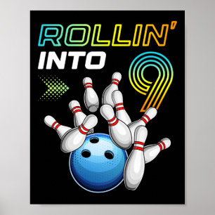 Affiche Rollin Into 9 Retro Bowling Annithday Party 9th Bi