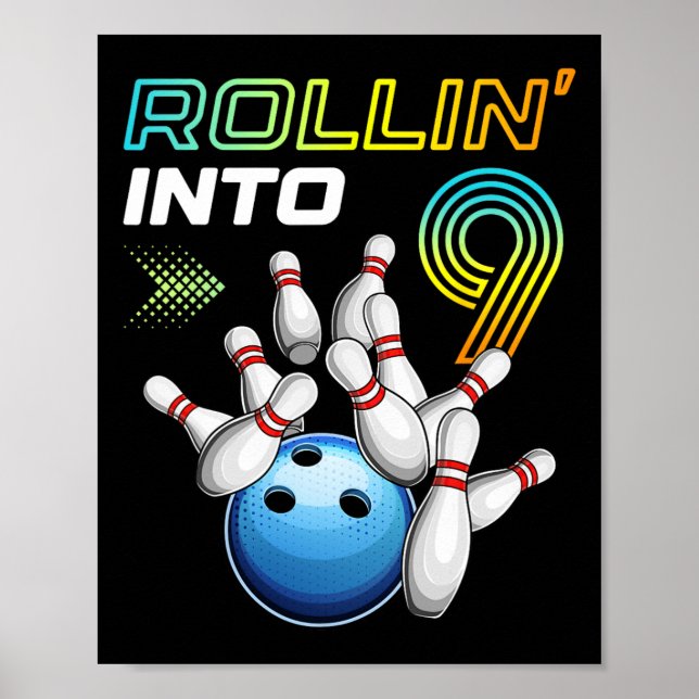 Affiche Rollin Into 9 Retro Bowling Annithday Party 9th Bi (Devant)