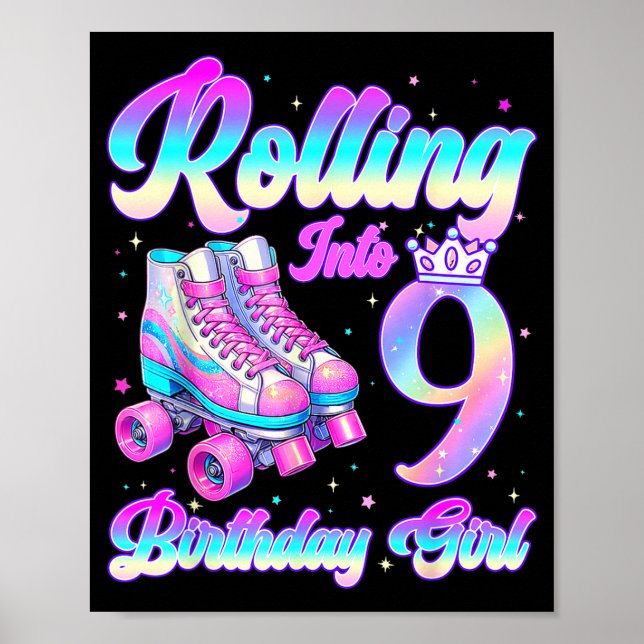 Affiche Rolling Into 9 Year Old Roller Skating 9th Birthda (Devant)