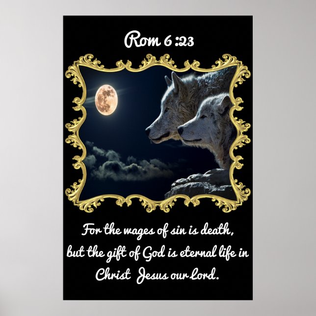 Affiche Rom 6:23 Loups regardant la pleine lune. (Devant)