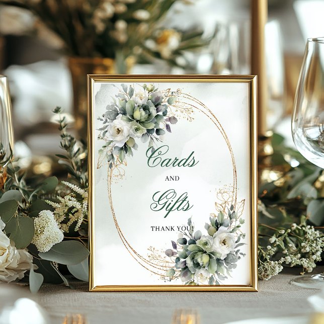 Affiche Romance doux Cartes et cadeaux de verdure et d'or  (Soft Romance Greenery and Gold Cards and Gifts Sign)