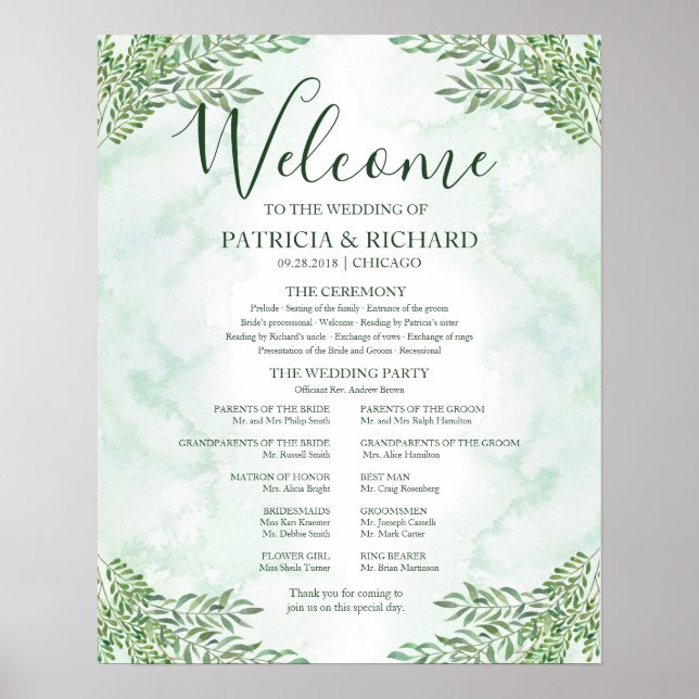 Affiche Romance Greenery Mariage Ceremony Program Board (Devant)