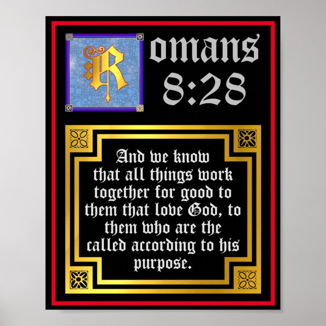 Affiche Romans 8 28 Illuminated Letter KJV Bible Verse (Devant)