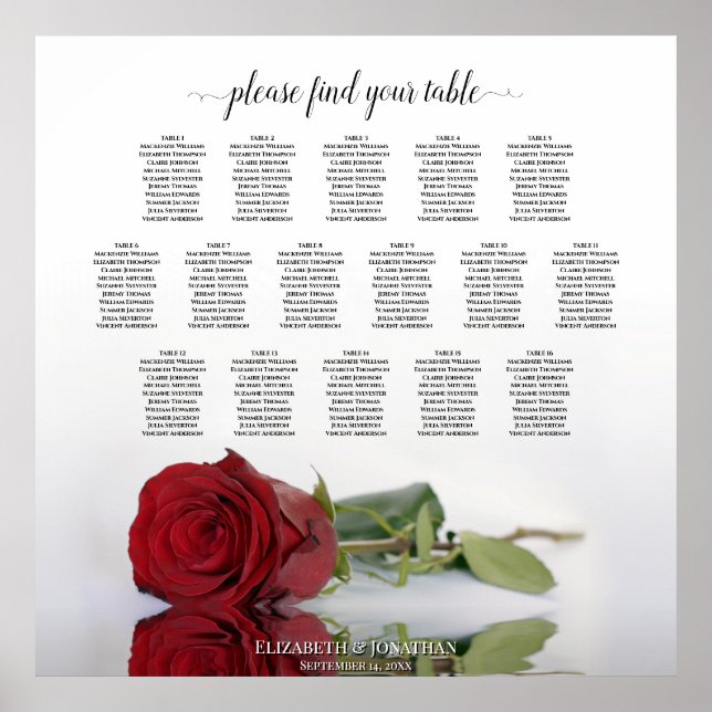 Affiche Romantic 16 Table Red Rose Wedding Seating Chart (Devant)
