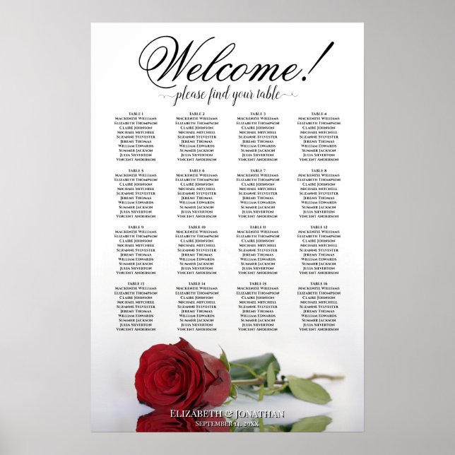 Affiche Romantic 16 Table Red Rose Wedding Seating Chart (Devant)