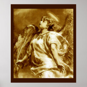 AFFICHE ROMANTIC ANGEL WITH FEATHER IN BROWN SEPIA,WHITE