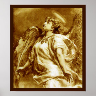 AFFICHE ROMANTIC ANGEL WITH FEATHER IN BROWN SEPIA,WHITE