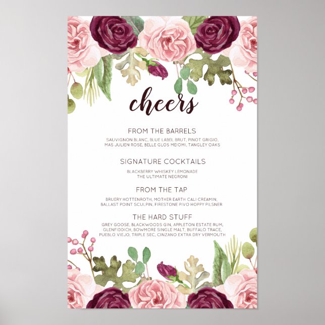 Affiche Romantic Blooms Wedding Bar Menu (Devant)