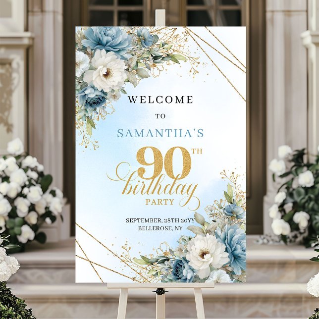 Affiche Romantic boho blue florals gold frame 90 birthday (Romantic boho blue florals gold frame 90th birthday

)