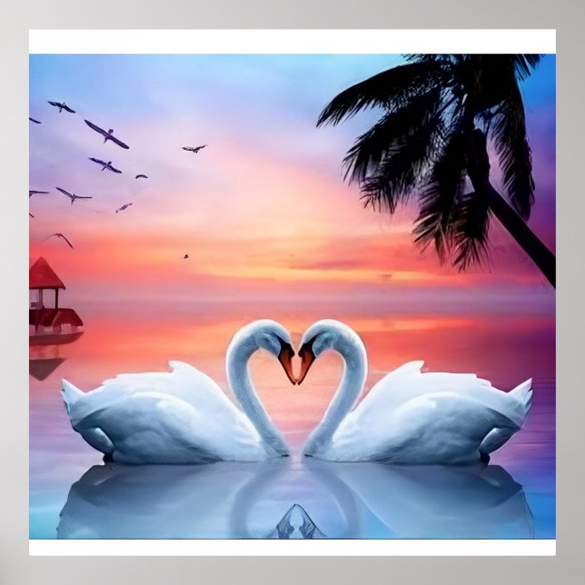Affiche Romantic Heart Swans Tropical Sunset Paradise (Devant)