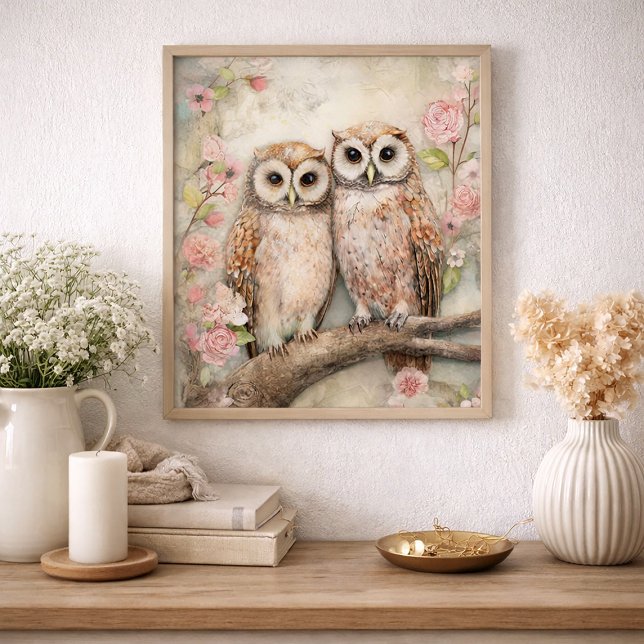 Affiche Romantic Owl Pair Floral Nature Cottage  (Cottagecore owl pair and pink floral-vintage wall art )