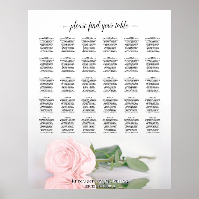 Affiche Romantic Pink Rose 30 Table Wedding Seating Chart (Devant)