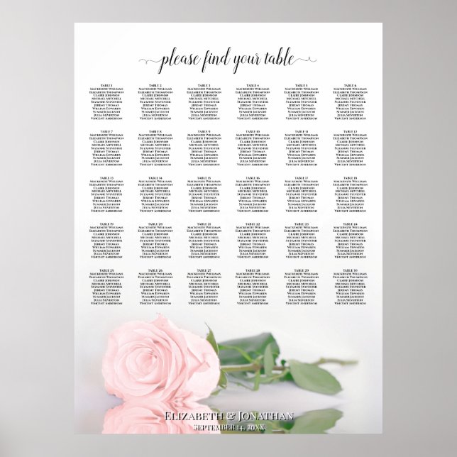 Affiche Romantic Pink Rose 30 Table Wedding Seating Chart (Devant)
