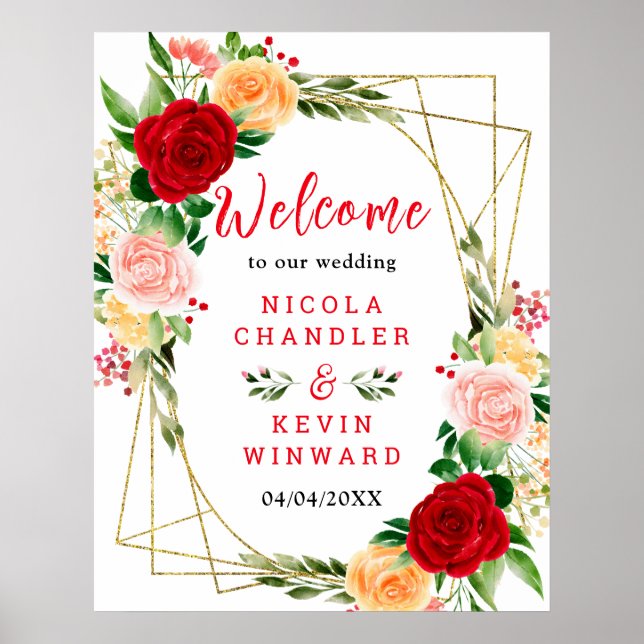 Affiche Romantic Red and Orange Roses Wedding Welcome Sign (Devant)