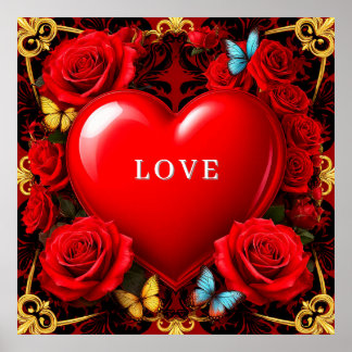 Affiche Romantic Red Heart Framed by Roses and Butterflies
