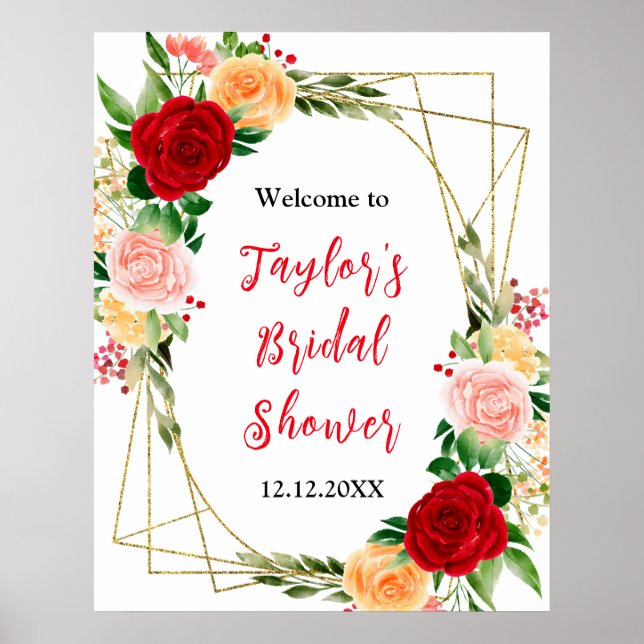 Affiche Romantic Roses Floral Bridal Shower Welcome Sign (Devant)