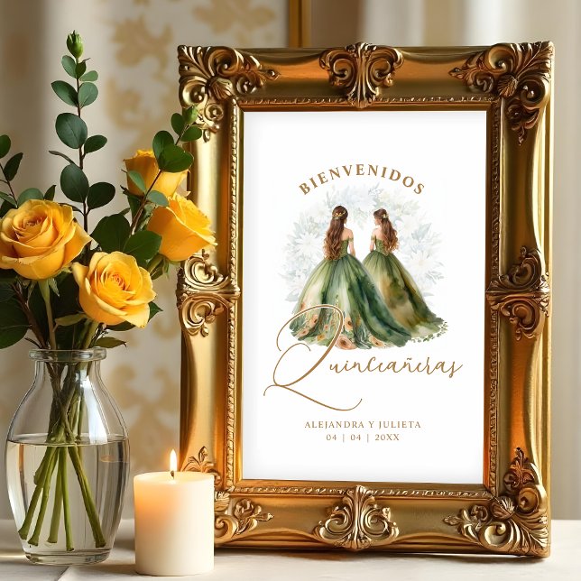 Affiche Romantic Spanish Quinceañeras Twins Dolls in Green (Romantic Spanish Quinceañeras Twins Dolls in Green and Brown Shades Posters.)
