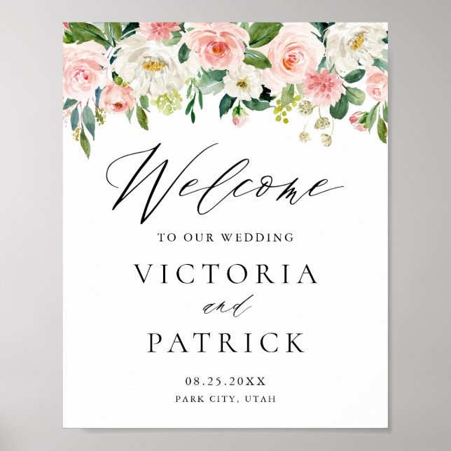 Affiche Romantic Watercolor Peach Florals Wedding Welcome (Devant)