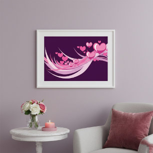 Affiche Romantique Abstrait Coeurs Rose Design Sur Violet