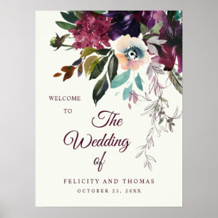 Affiche Romantique Bourgogne Floral Mariage d'ivoire Bienv
