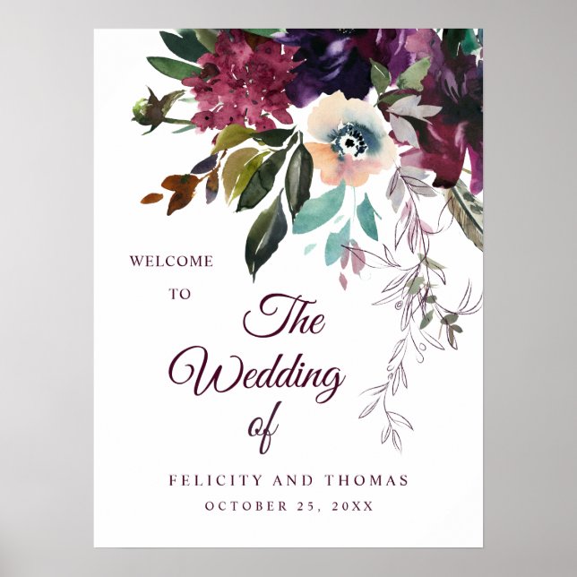 Affiche Romantique Bourgogne Florale Mariage Bienvenue (Devant)