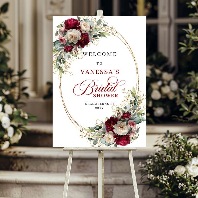 Affiche Romantique Burgundy Blanc Floral Or Fête de Mariag (Romantic Burgundy White Floral Gold Bridal Shower Sign)