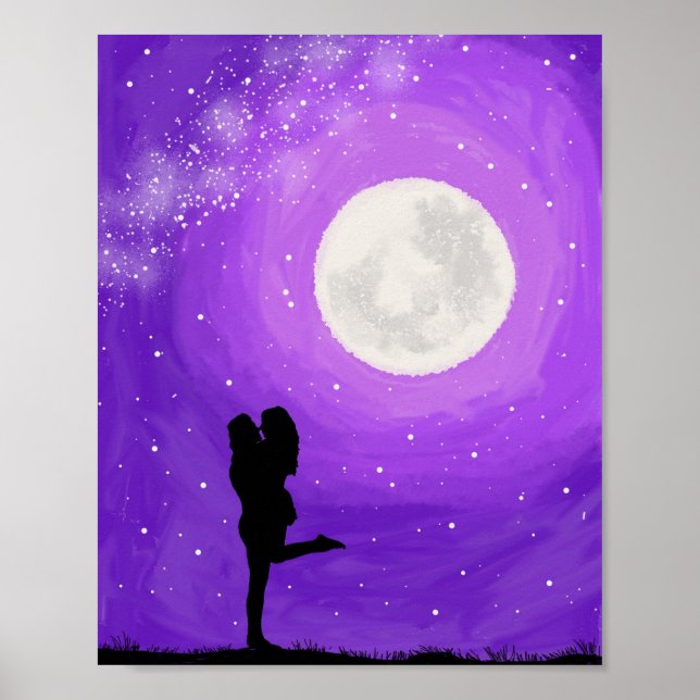 Affiche Romantique Couple violet Pleine lune de nuit Étoil (Devant)