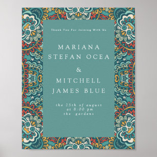 Affiche Romantique géométrique Mandala doux bleu gris et r