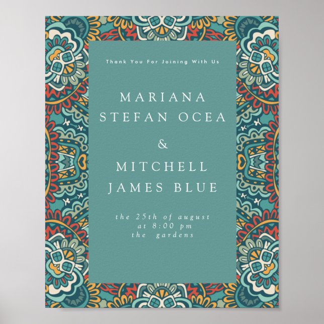 Affiche Romantique géométrique Mandala doux bleu gris et r (Devant)