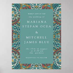Affiche Romantique géométrique Mandala doux bleu gris et r
