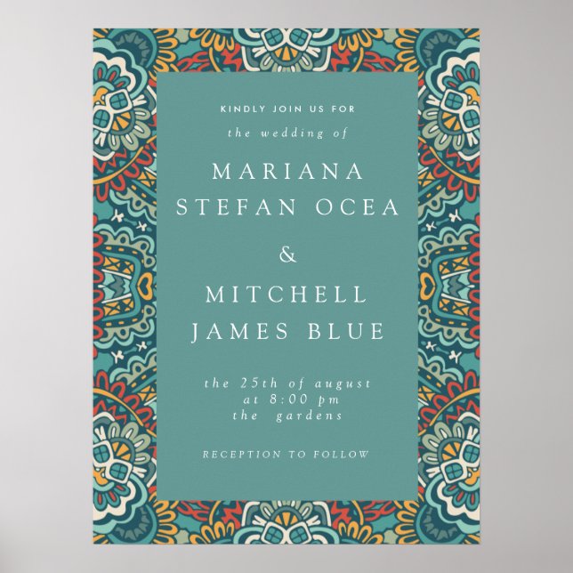 Affiche Romantique géométrique Mandala doux bleu gris et r (Devant)