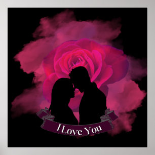 Affiche Romantique I Love You Couple silhouette Rose Rose