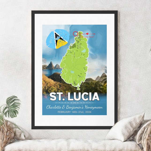 Affiche Romantique lune de miel Caraïbes Sainte-Lucie Cart (Romantic Honeymoon Vacation To St Lucia Map Poster - Sketch Mockup)