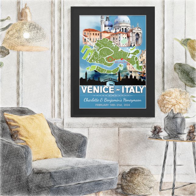 Affiche Romantique Lune de miel Vacances Venise Italie Car (Romantic Honeymoon in Venice Poster - Sketch Mockup)