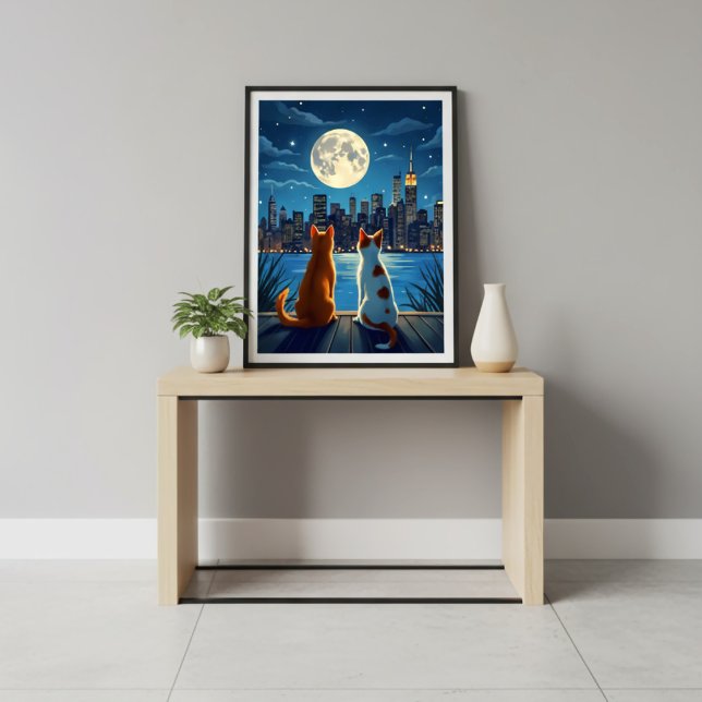 Affiche Romantique nuit citadine paysage chats clair de lu (Créateur téléchargé)